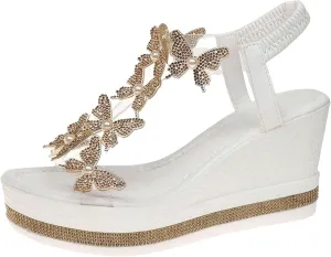Wedge Sandals For Women Summer Slides Platform Sandals Flat Casual Rhinestone Beaded Sparkly Bling Bohemian Lace Flower Sandal Fashionable Butterfly Decor Cute Walking Shoes