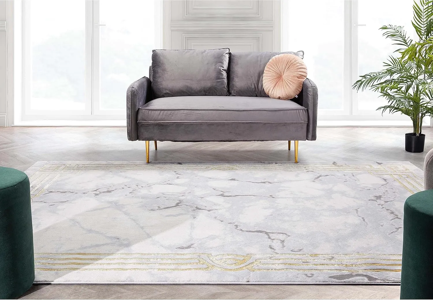 Well Woven Fairmont Collection Huntington Grey Gold & Ivory Marble Border Elegant & Soft 5x7 Area Rug Perfect for Bedroom & Living Room Durable Stain Resistant & Easy to Clean