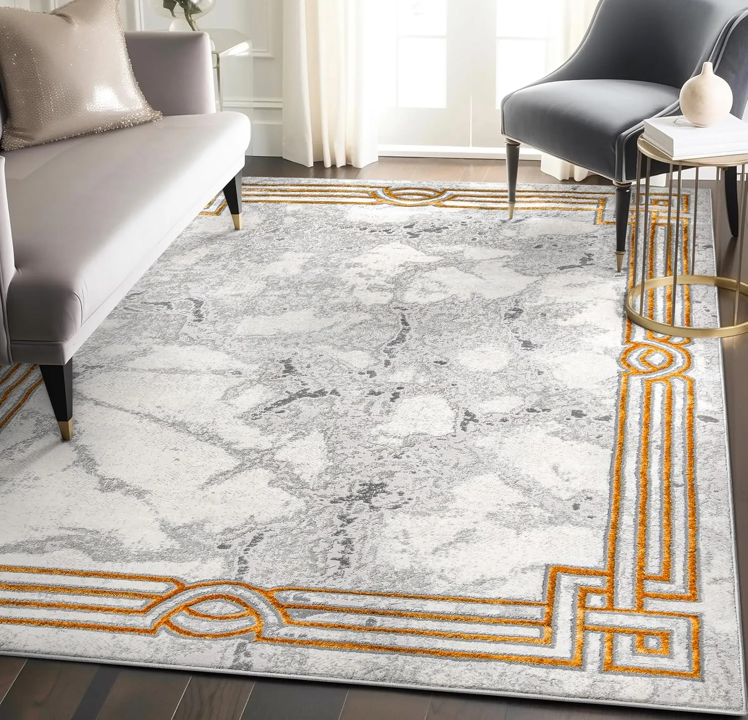 Well Woven Fairmont Collection Huntington Grey Gold & Ivory Marble Border Elegant & Soft 5x7 Area Rug Perfect for Bedroom & Living Room Durable Stain Resistant & Easy to Clean