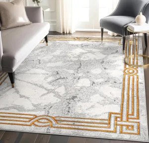 Well Woven Fairmont Collection Huntington Grey Gold & Ivory Marble Border Elegant & Soft 5x7 Area Rug Perfect for Bedroom & Living Room Durable Stain Resistant & Easy to Clean