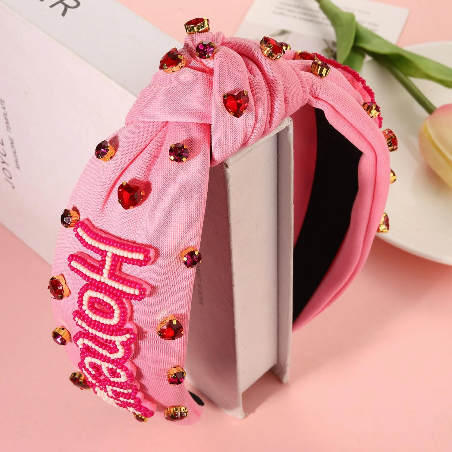 Western Cowgirl Accessories for Women - Cowboy Boot Embellished Headband With Rhinestone Crystal Pearl Top Knot - Rodeo Nashville Bachelorette Party Country Concert Outfit (Pink 1)