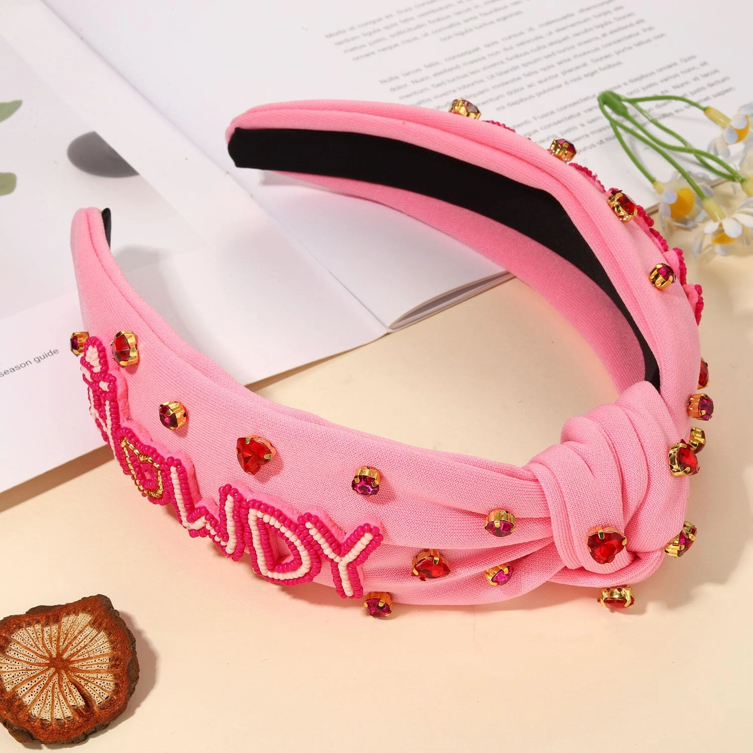 Western Cowgirl Accessories for Women - Cowboy Boot Embellished Headband With Rhinestone Crystal Pearl Top Knot - Rodeo Nashville Bachelorette Party Country Concert Outfit (Pink 1)