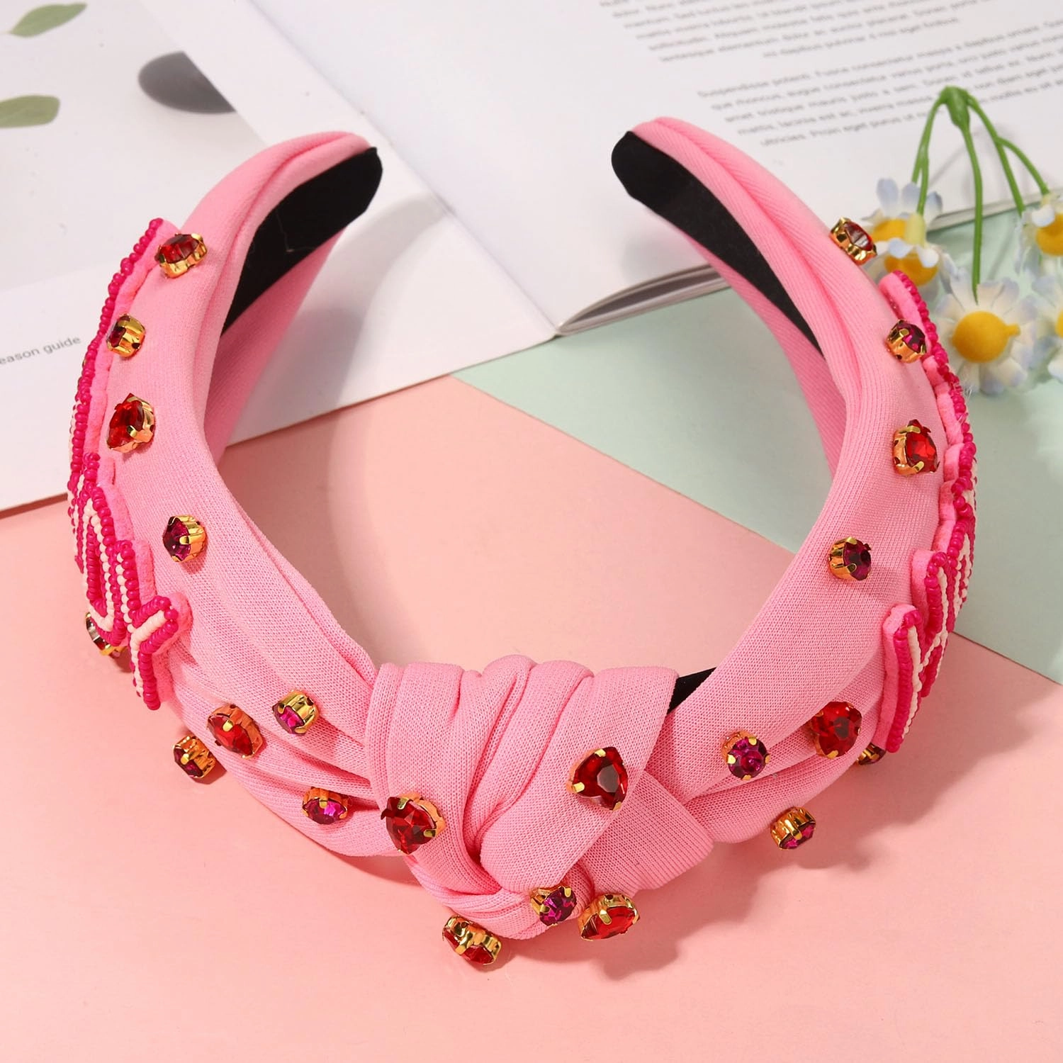 Western Cowgirl Accessories for Women - Cowboy Boot Embellished Headband With Rhinestone Crystal Pearl Top Knot - Rodeo Nashville Bachelorette Party Country Concert Outfit (Pink 1)