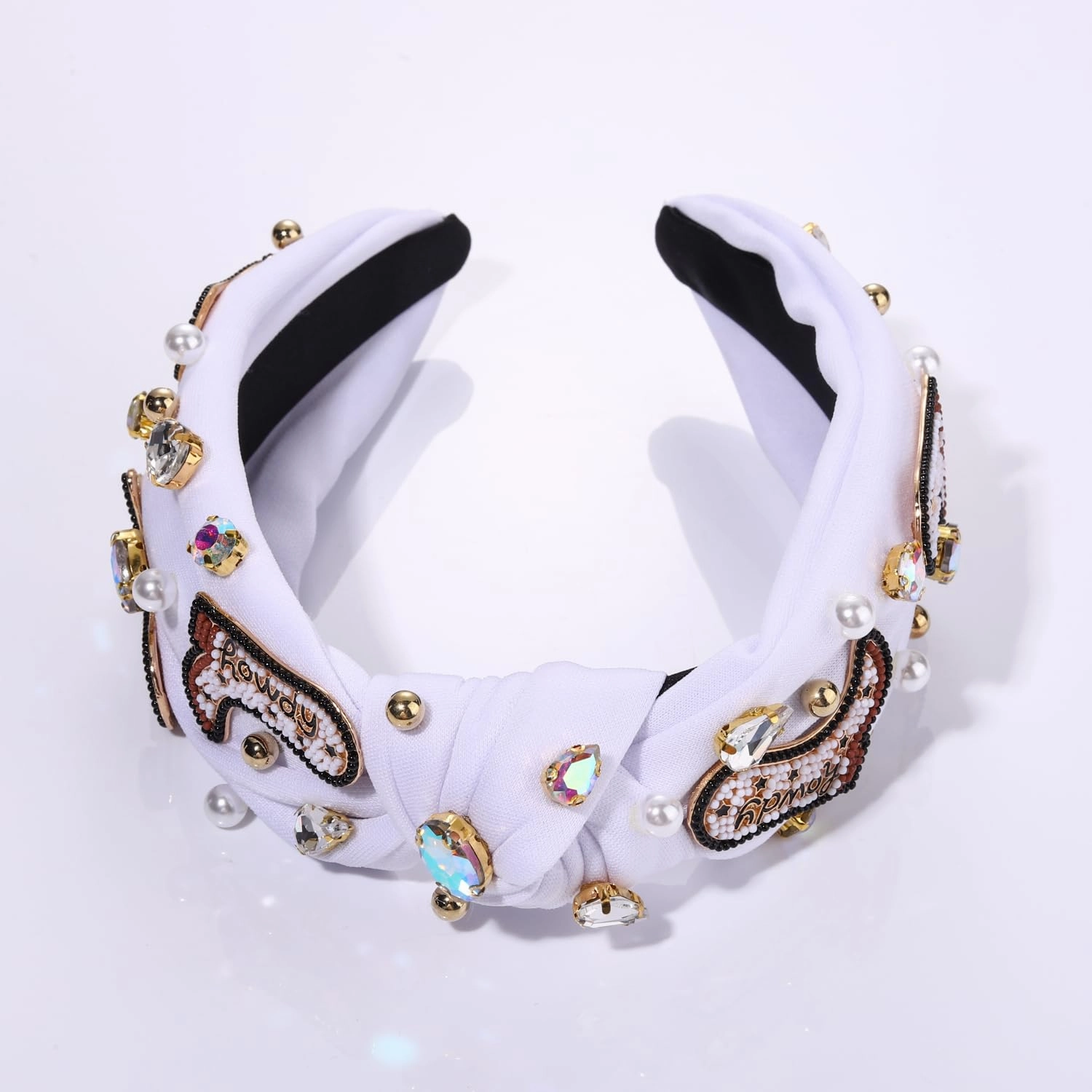 Western Cowgirl Headband Accessories for Women Beaded Cowboy Boot Embellished Headband Rhinestone Crystal Pearl Top Knot Headbands Rodeo Nashville Bachelorette Party Country Concert Outfit (White)
