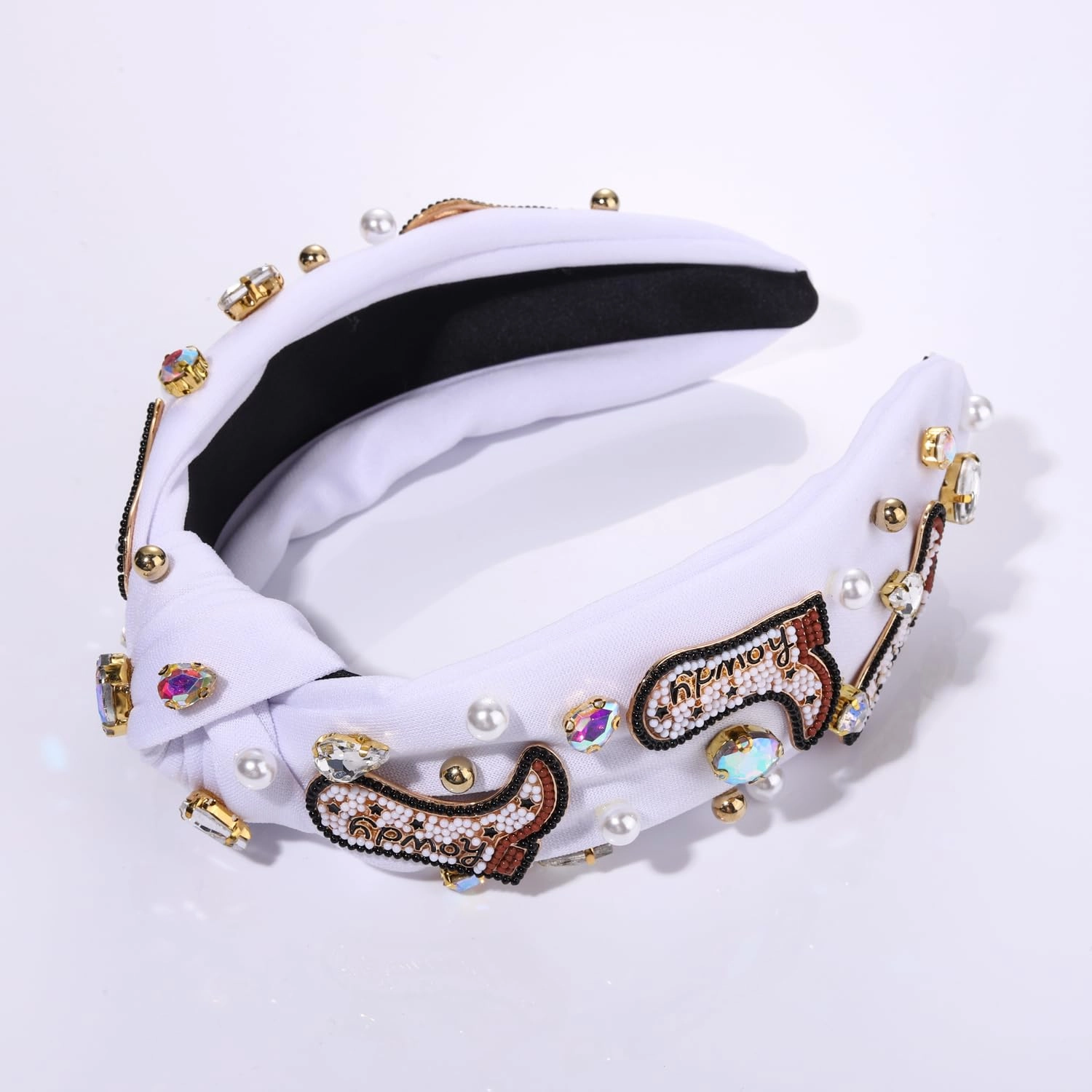 Western Cowgirl Headband Accessories for Women Beaded Cowboy Boot Embellished Headband Rhinestone Crystal Pearl Top Knot Headbands Rodeo Nashville Bachelorette Party Country Concert Outfit (White)