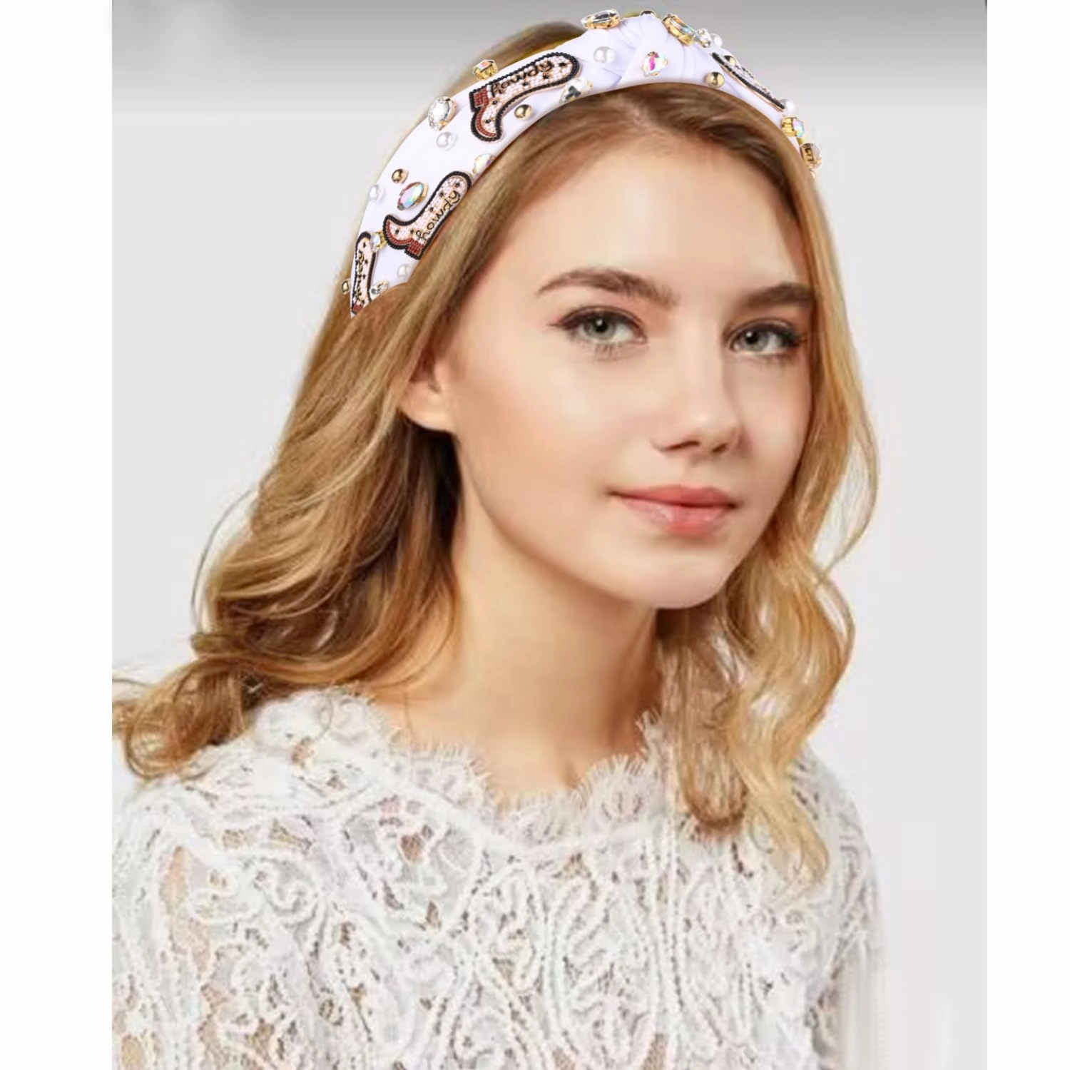 Western Cowgirl Headband Accessories for Women Beaded Cowboy Boot Embellished Headband Rhinestone Crystal Pearl Top Knot Headbands Rodeo Nashville Bachelorette Party Country Concert Outfit (White)