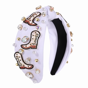 Western Cowgirl Headband Accessories for Women Beaded Cowboy Boot Embellished Headband Rhinestone Crystal Pearl Top Knot Headbands Rodeo Nashville Bachelorette Party Country Concert Outfit (White)