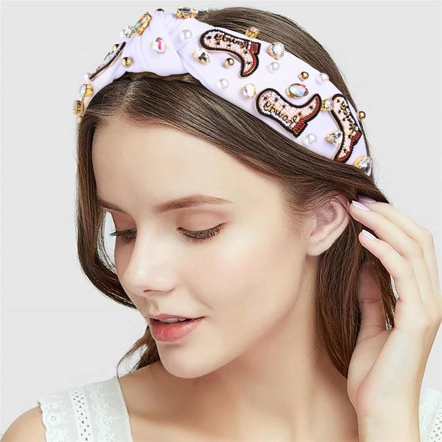 Western Cowgirl Headband Accessories for Women Beaded Cowboy Boot Embellished Headband Rhinestone Crystal Pearl Top Knot Headbands Rodeo Nashville Bachelorette Party Country Concert Outfit (White)