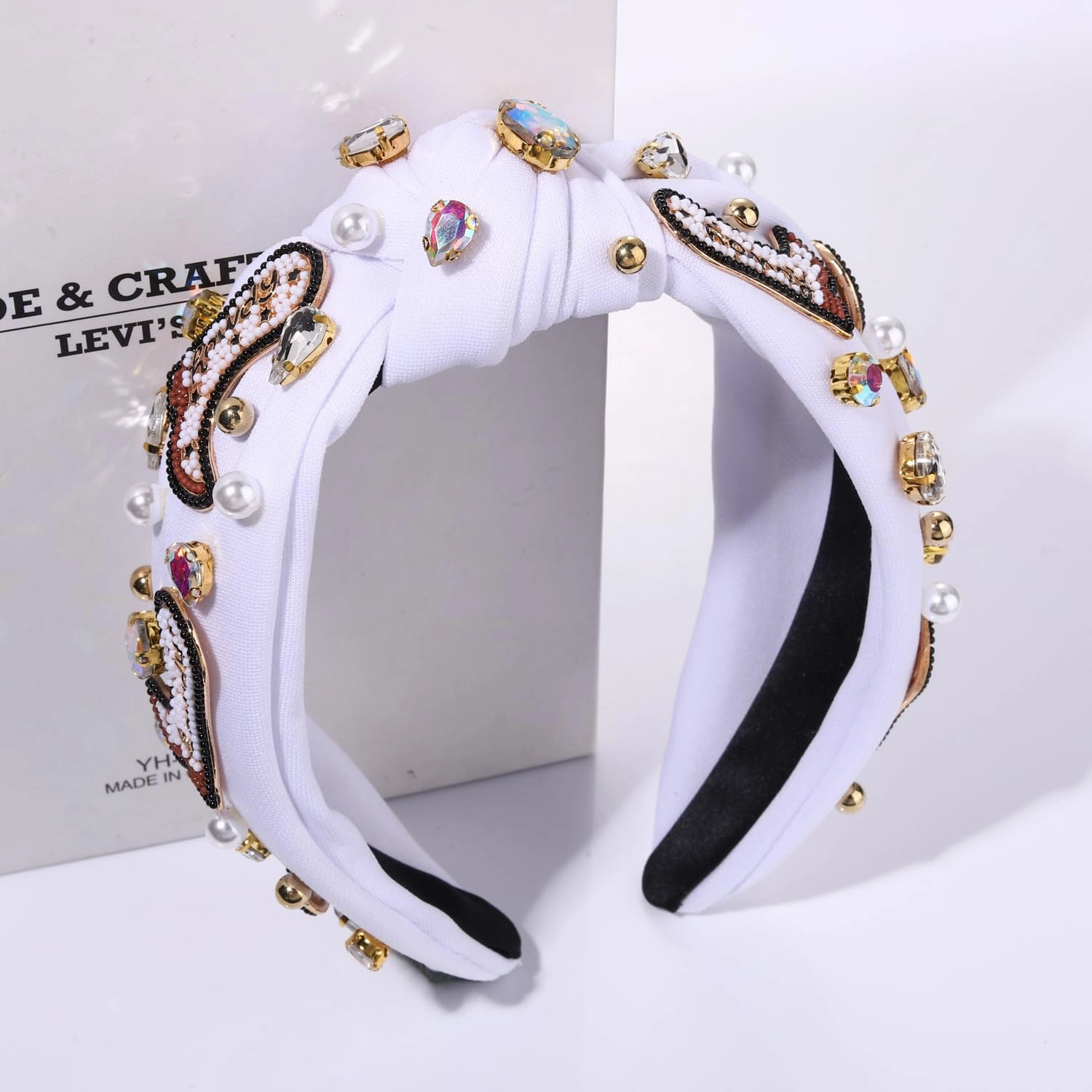 Western Cowgirl Headband Accessories for Women Beaded Cowboy Boot Embellished Headband Rhinestone Crystal Pearl Top Knot Headbands Rodeo Nashville Bachelorette Party Country Concert Outfit (White)