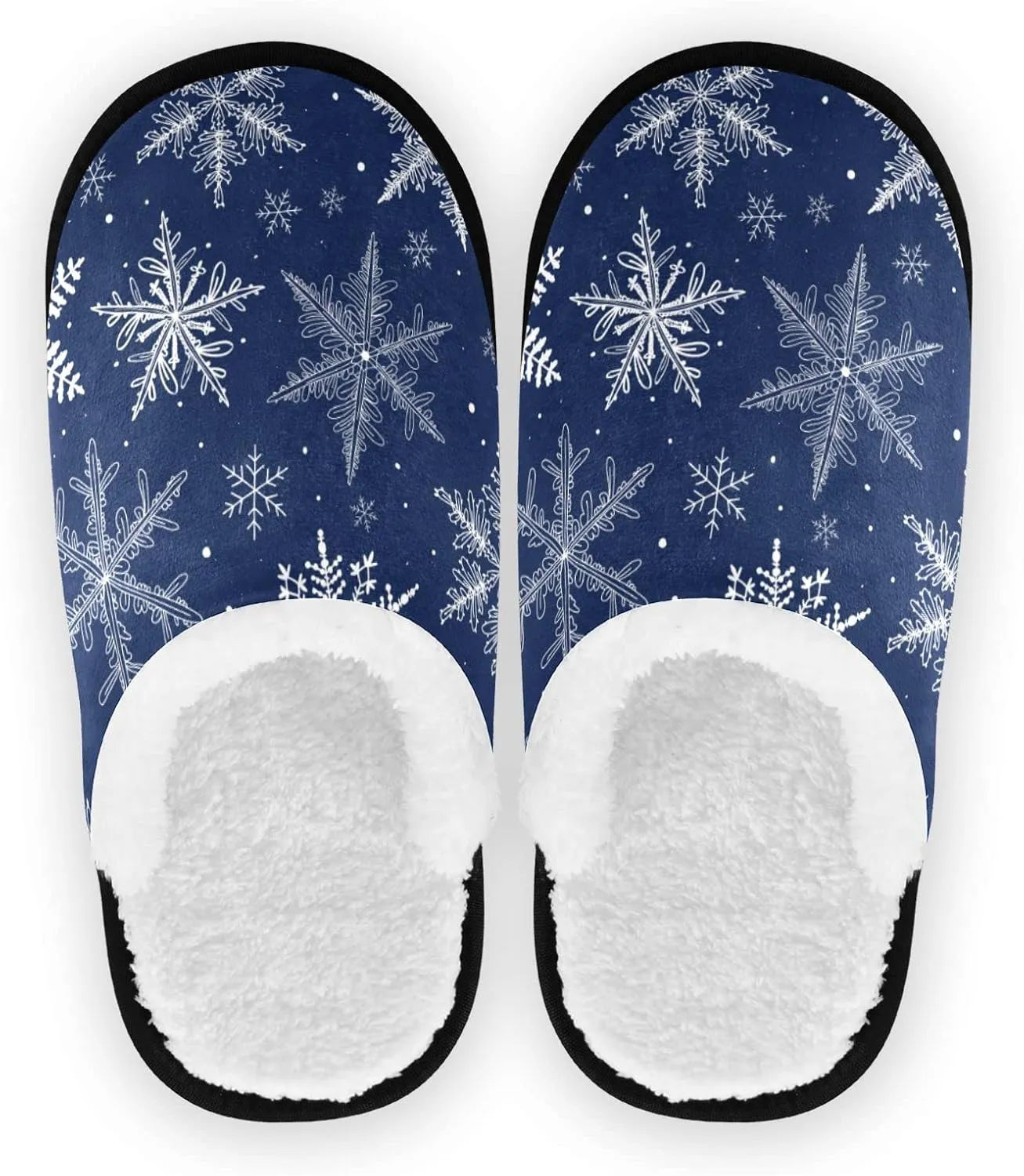White Snowflakes Winter Doodle Fuzzy Women's Slippers, Blue Christmas MediumCoral Fleece Travel House Shoes Indoor Outdoor