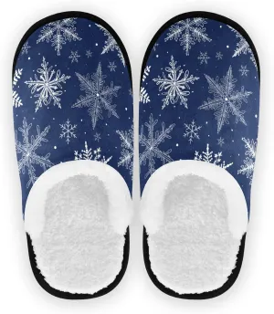 White Snowflakes Winter Doodle Fuzzy Women's Slippers, Blue Christmas MediumCoral Fleece Travel House Shoes Indoor Outdoor