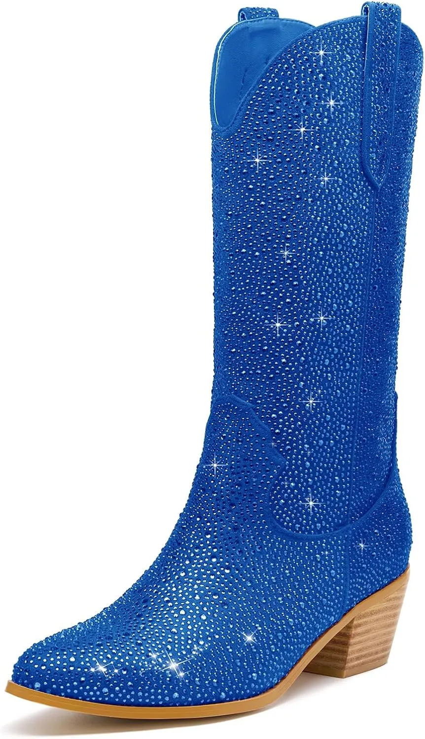 Wide Calf Rhinestone Cowboy Boots Sparkly Cowgirl boots for Women Pointed Toe 2inch Chunky heels Pull On Tabs Shiny Glitter Fashion Party Dress Retro Classic Boots