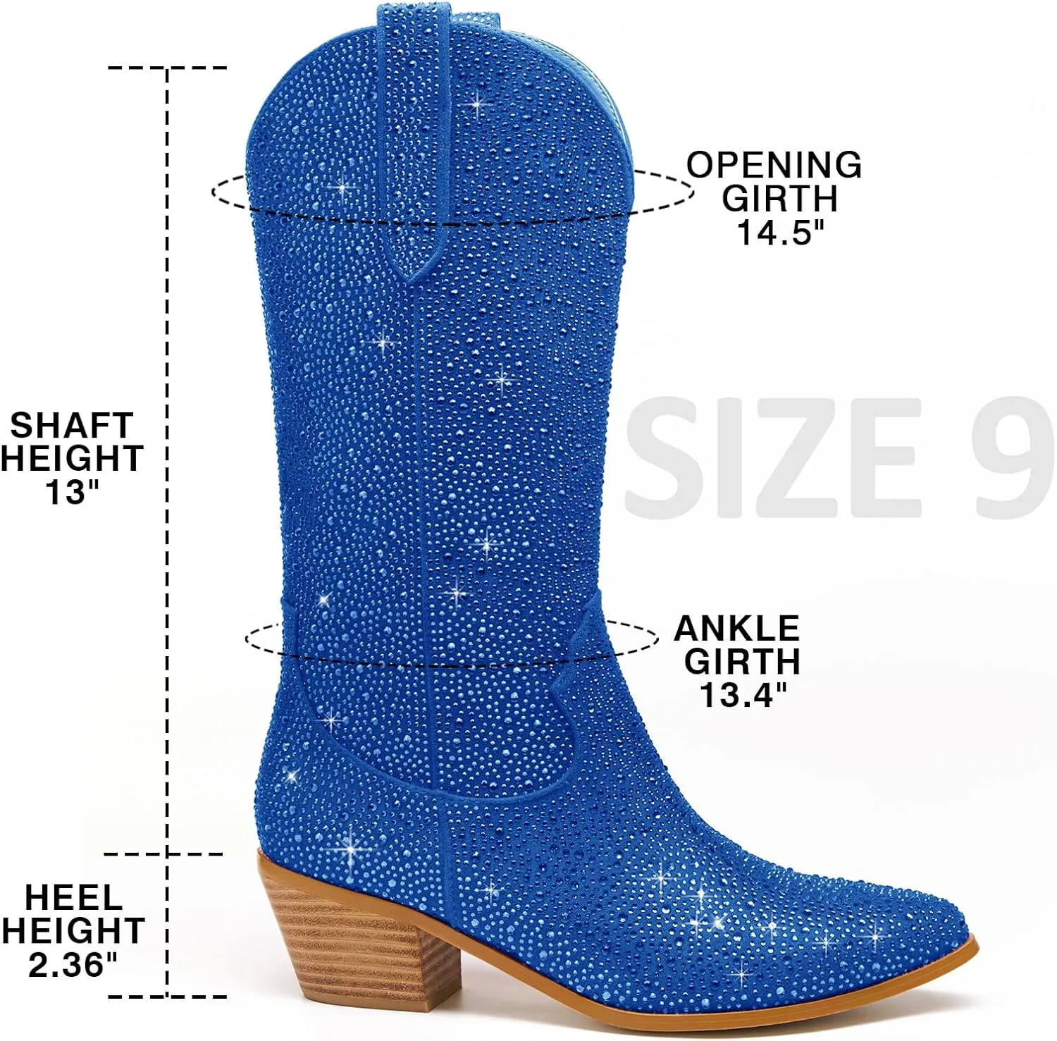 Wide Calf Rhinestone Cowboy Boots Sparkly Cowgirl boots for Women Pointed Toe 2inch Chunky heels Pull On Tabs Shiny Glitter Fashion Party Dress Retro Classic Boots