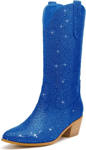 Wide Calf Rhinestone Cowboy Boots Sparkly Cowgirl boots for Women Pointed Toe 2inch Chunky heels Pull On Tabs Shiny Glitter Fashion Party Dress Retro Classic Boots