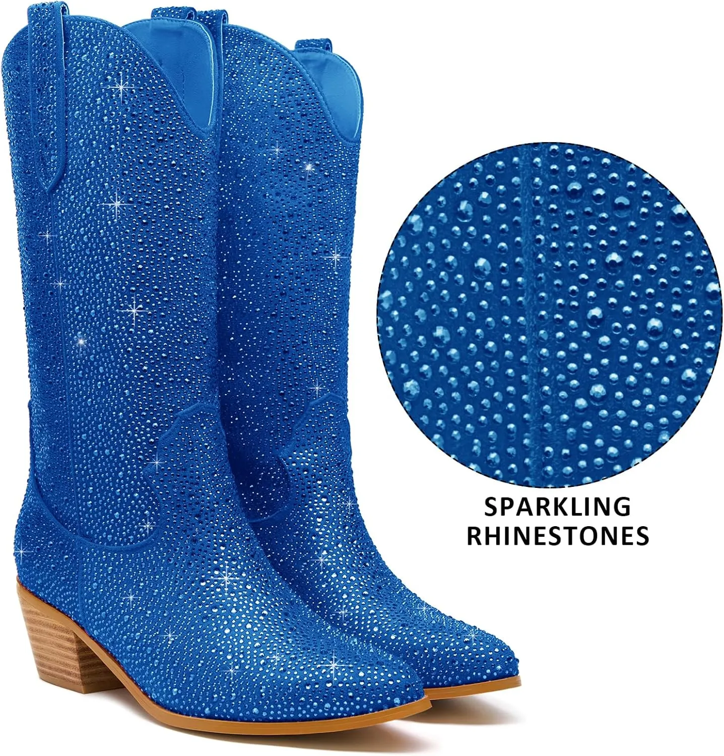 Wide Calf Rhinestone Cowboy Boots Sparkly Cowgirl boots for Women Pointed Toe 2inch Chunky heels Pull On Tabs Shiny Glitter Fashion Party Dress Retro Classic Boots