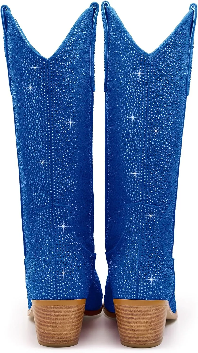 Wide Calf Rhinestone Cowboy Boots Sparkly Cowgirl boots for Women Pointed Toe 2inch Chunky heels Pull On Tabs Shiny Glitter Fashion Party Dress Retro Classic Boots