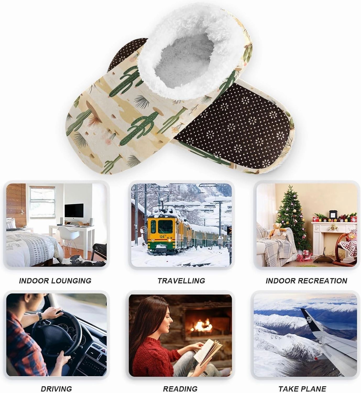 Wilderness Cactus Fuzzy Memory Foam Closed Back Slippers for Women Men Knit Fleece Lined House Shoes with Anti-Skid Sole Sock Slippers for Outdoor Bedroom Hotel Indoor