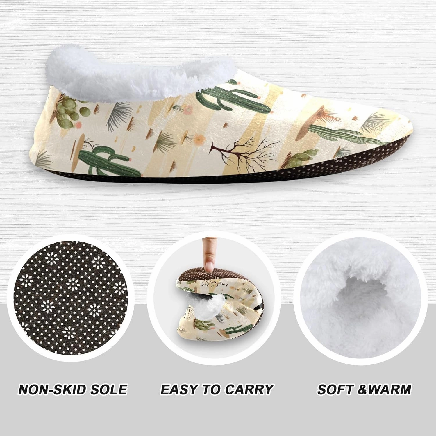 Wilderness Cactus Fuzzy Memory Foam Closed Back Slippers for Women Men Knit Fleece Lined House Shoes with Anti-Skid Sole Sock Slippers for Outdoor Bedroom Hotel Indoor