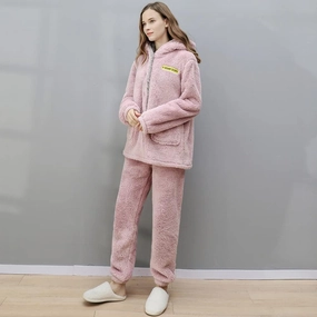 Winter Thick and Warm Pajamas Women's Flannel Pajamas Set Plus Size Coral Fleece Hooded Pajamas Women Wine L