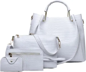 Women 4 Pcs Top Handle Satchel Hobo Handbag Set Large Tote  Purse  Shoulder Bag Card Holder Fashion Large Tote Bag, White