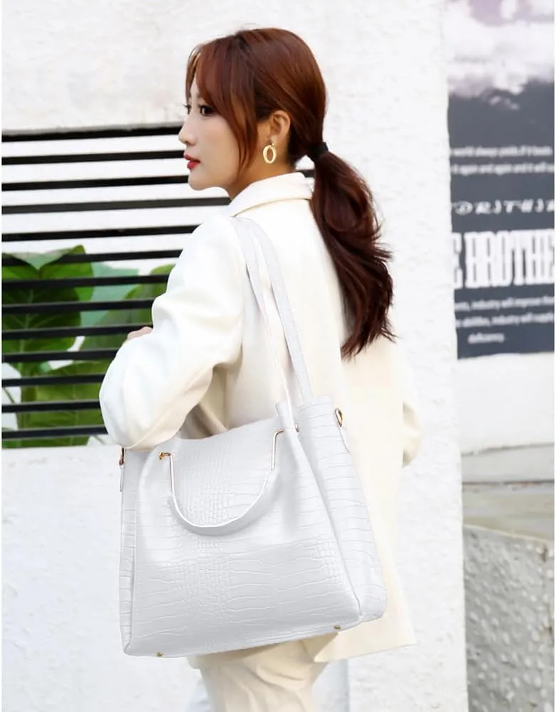 Women 4 Pcs Top Handle Satchel Hobo Handbag Set Large Tote  Purse  Shoulder Bag Card Holder Fashion Large Tote Bag, White