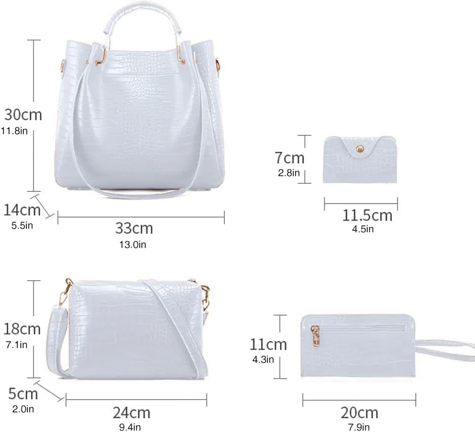 Women 4 Pcs Top Handle Satchel Hobo Handbag Set Large Tote  Purse  Shoulder Bag Card Holder Fashion Large Tote Bag, White