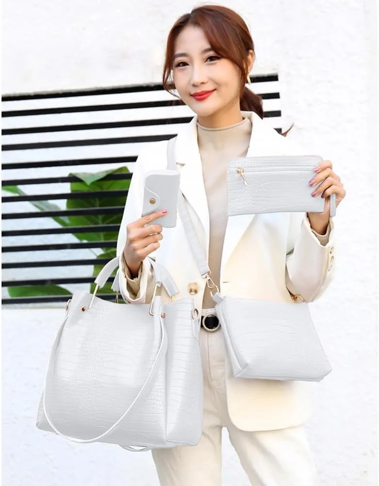 Women 4 Pcs Top Handle Satchel Hobo Handbag Set Large Tote  Purse  Shoulder Bag Card Holder Fashion Large Tote Bag, White