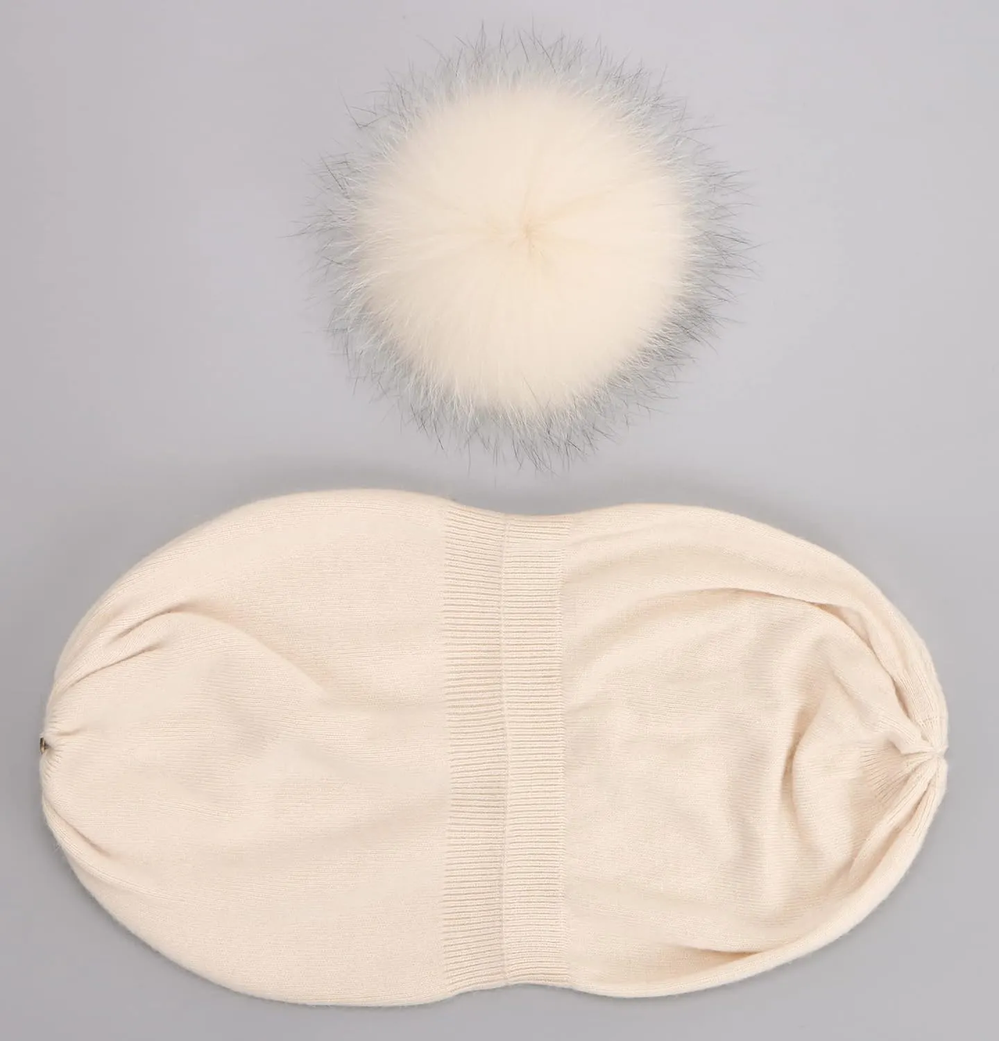Women Cashmere Winter Slouchy Knit Beanie Hat with Real Fur Pom Pom Winter Beanie Knit Stocking Cap Ski Hat