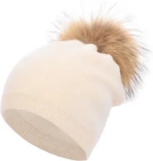 Women Cashmere Winter Slouchy Knit Beanie Hat with Real Fur Pom Pom Winter Beanie Knit Stocking Cap Ski Hat