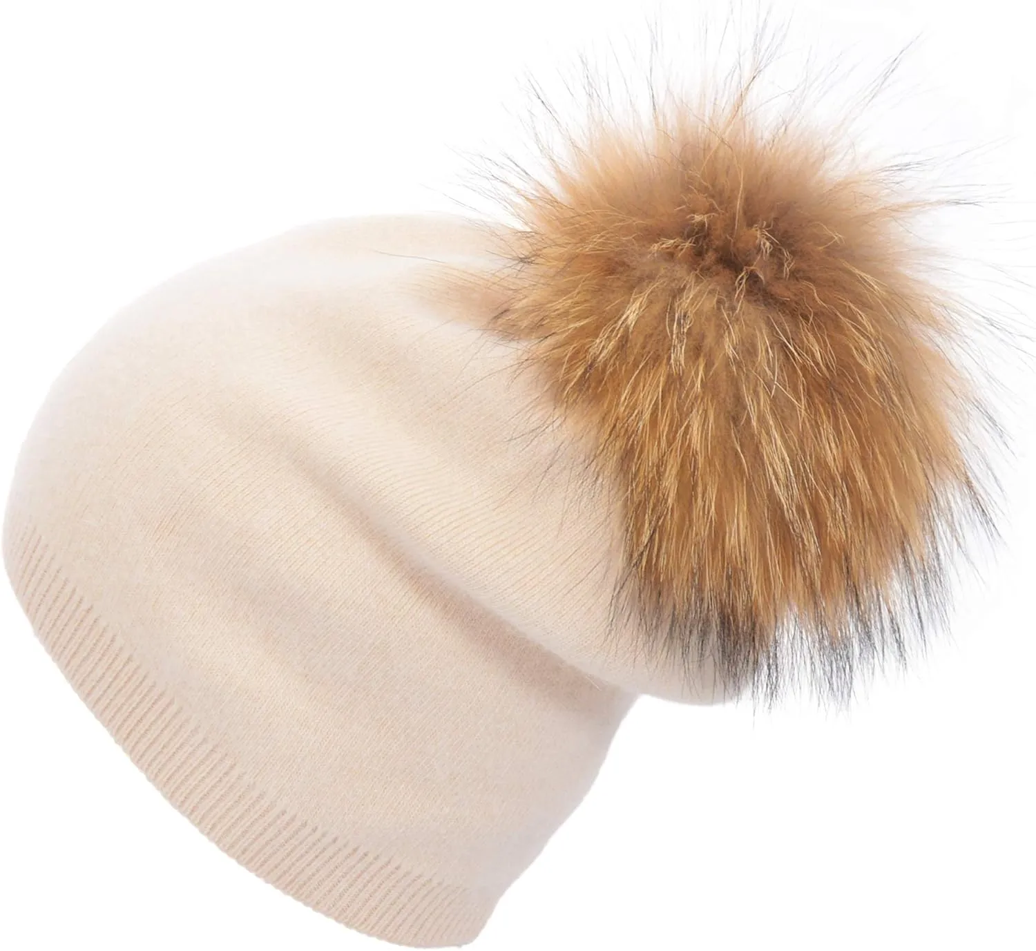 Women Cashmere Winter Slouchy Knit Beanie Hat with Real Fur Pom Pom Winter Beanie Knit Stocking Cap Ski Hat