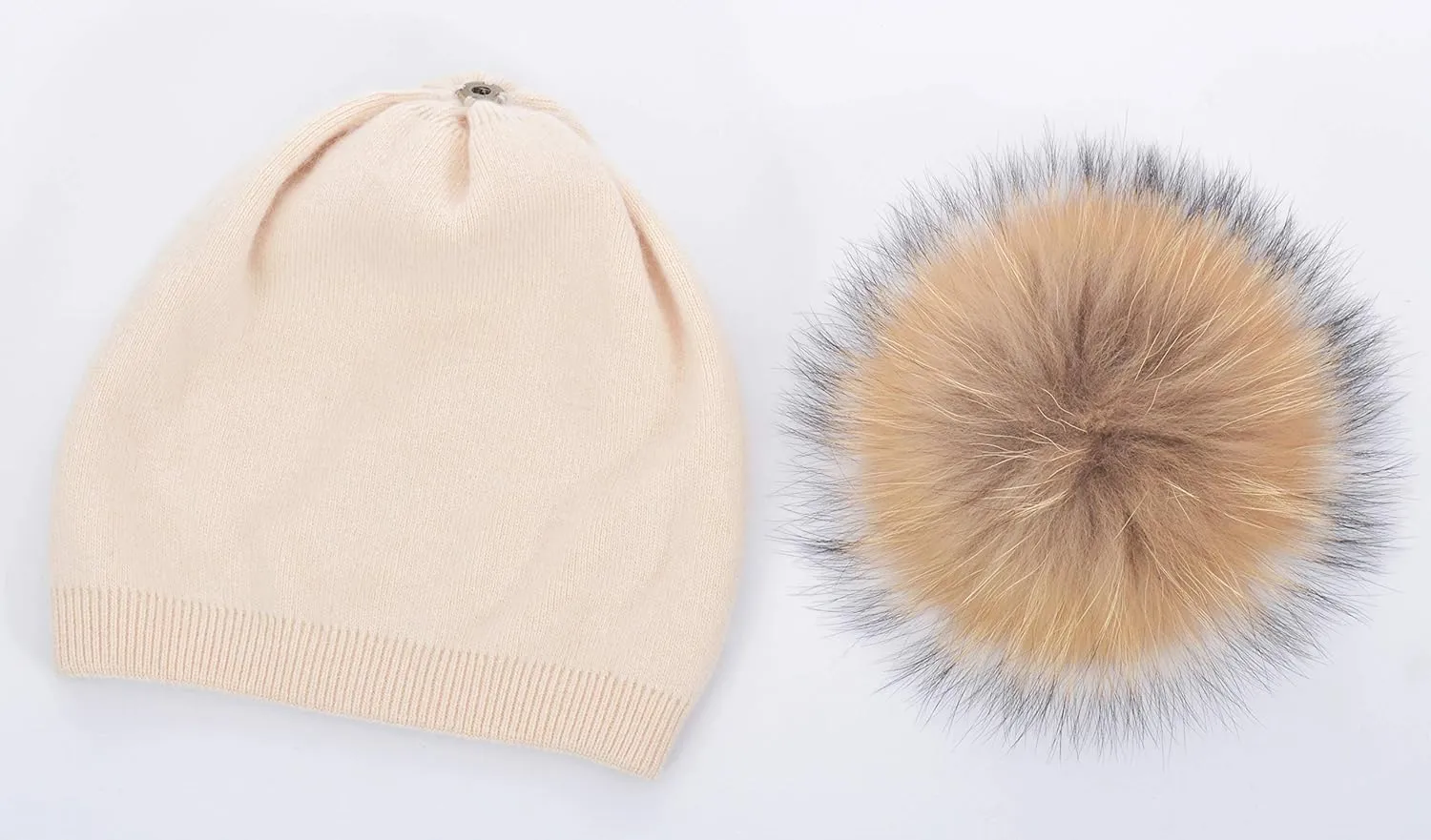 Women Cashmere Winter Slouchy Knit Beanie Hat with Real Fur Pom Pom Winter Beanie Knit Stocking Cap Ski Hat