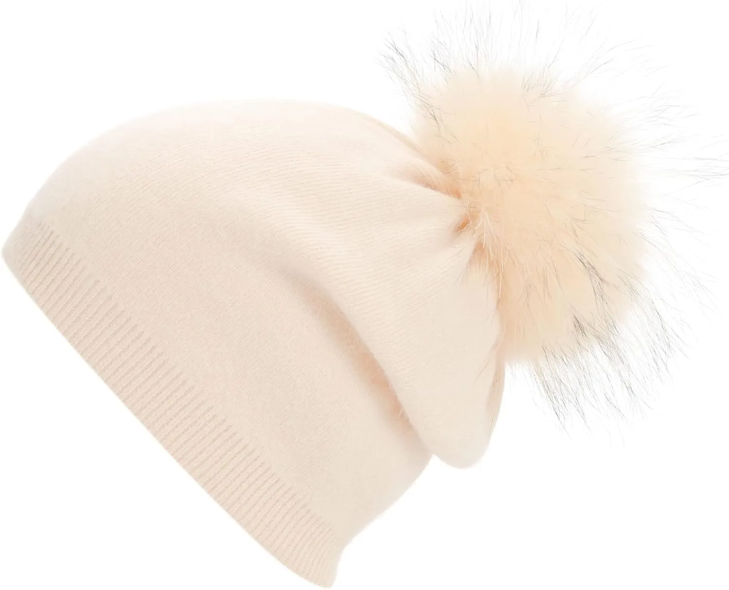 Women Cashmere Winter Slouchy Knit Beanie Hat with Real Fur Pom Pom Winter Beanie Knit Stocking Cap Ski Hat