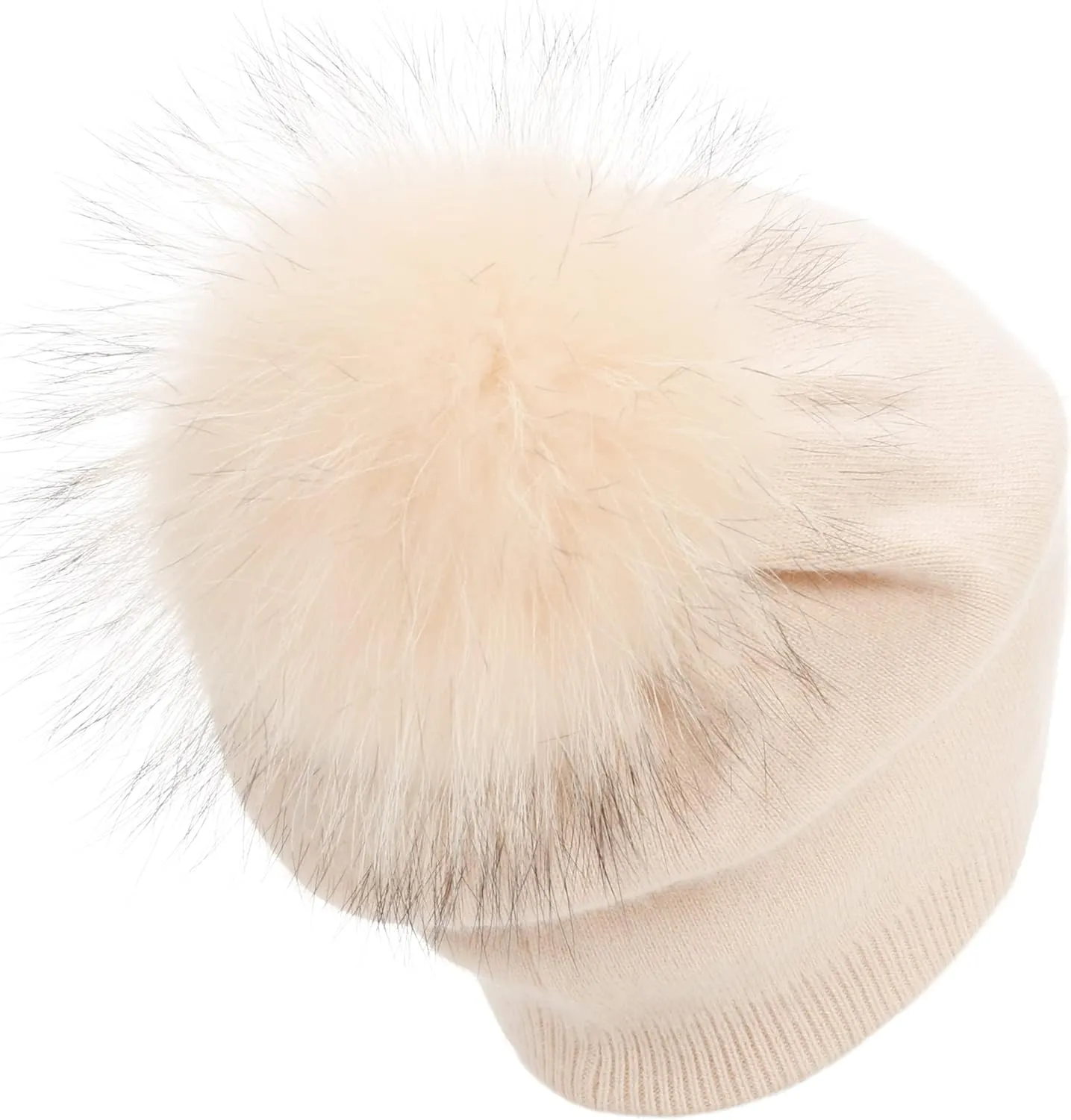 Women Cashmere Winter Slouchy Knit Beanie Hat with Real Fur Pom Pom Winter Beanie Knit Stocking Cap Ski Hat