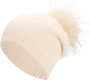 Women Cashmere Winter Slouchy Knit Beanie Hat with Real Fur Pom Pom Winter Beanie Knit Stocking Cap Ski Hat