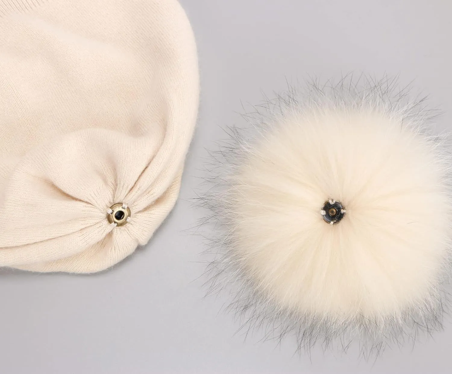 Women Cashmere Winter Slouchy Knit Beanie Hat with Real Fur Pom Pom Winter Beanie Knit Stocking Cap Ski Hat