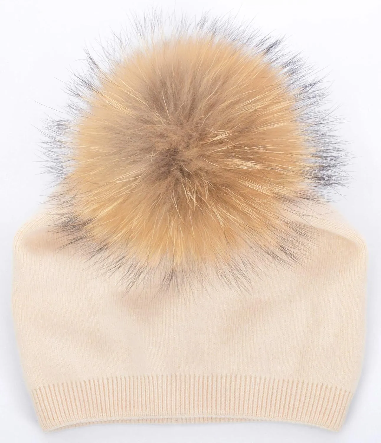 Women Cashmere Winter Slouchy Knit Beanie Hat with Real Fur Pom Pom Winter Beanie Knit Stocking Cap Ski Hat