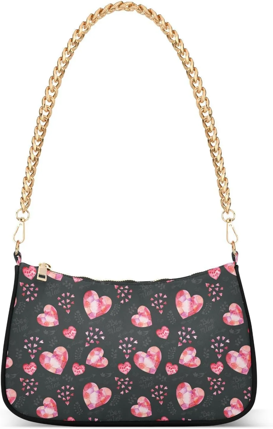 Women Chain Shoulder Purse Bag With Zipper Watercolor Valentines Pink Hearts Print, Arrows Twigs Hobo Tote Clutch Handbags with Chain Strap