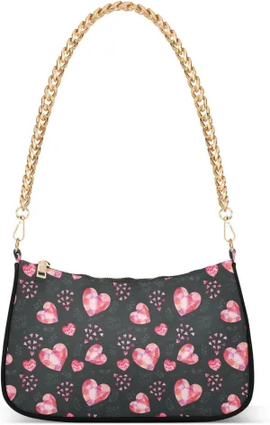 Women Chain Shoulder Purse Bag With Zipper Watercolor Valentines Pink Hearts Print, Arrows Twigs Hobo Tote Clutch Handbags with Chain Strap