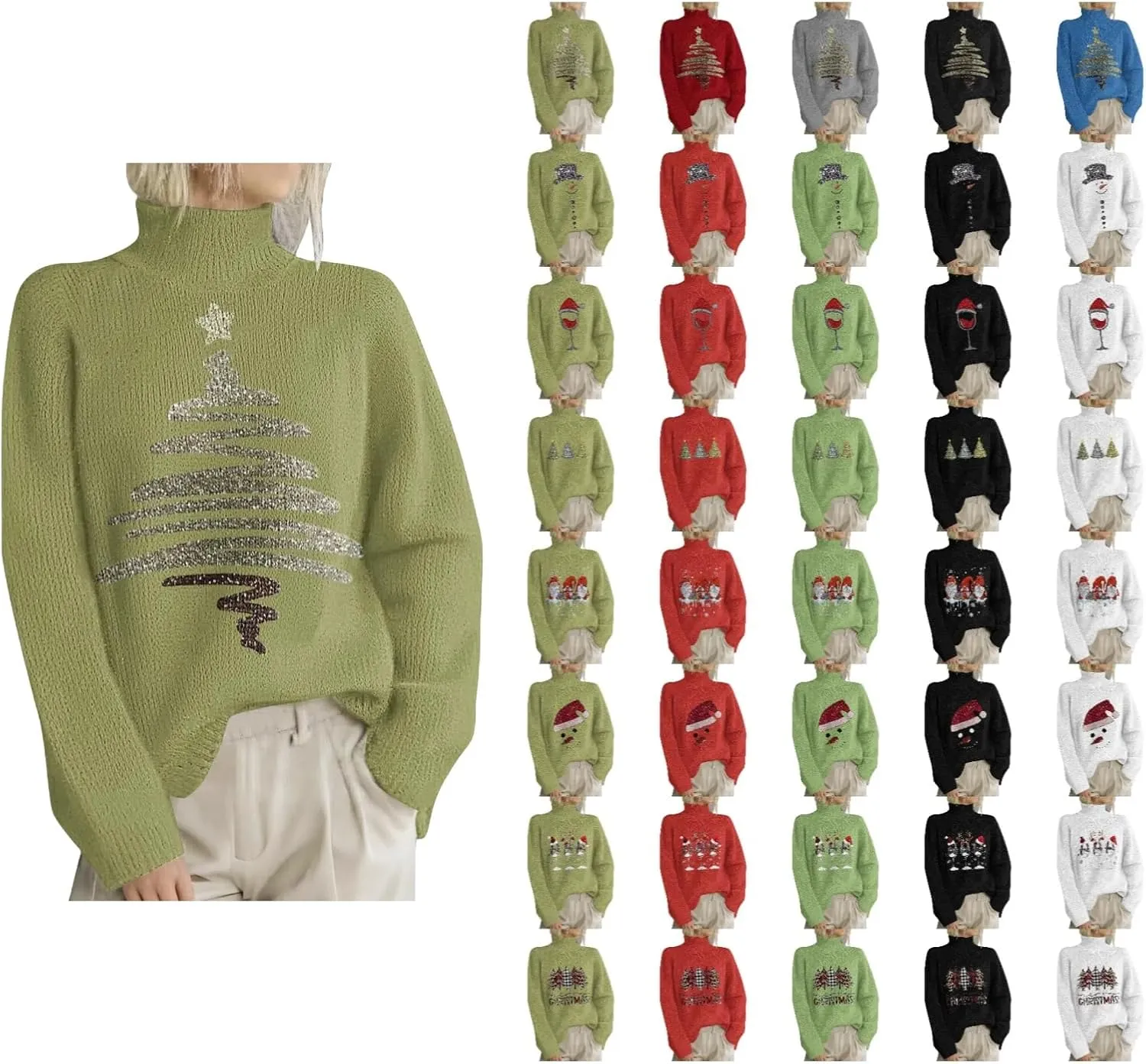 Women Merry Christmas Sweaters Turtleneck Long Sleeve Print Knitted Pullover Y2K Christmas Sweater Hoilday Tops