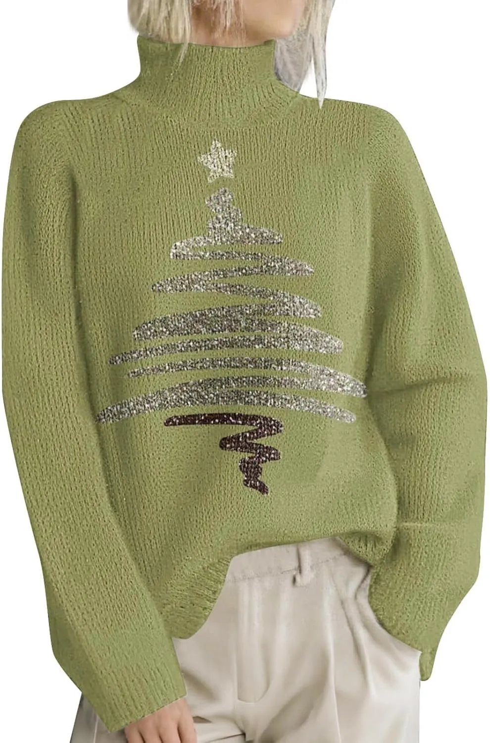 Women Merry Christmas Sweaters Turtleneck Long Sleeve Print Knitted Pullover Y2K Christmas Sweater Hoilday Tops