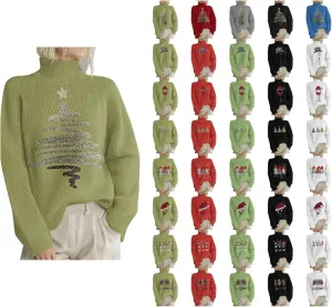 Women Merry Christmas Sweaters Turtleneck Long Sleeve Print Knitted Pullover Y2K Christmas Sweater Hoilday Tops