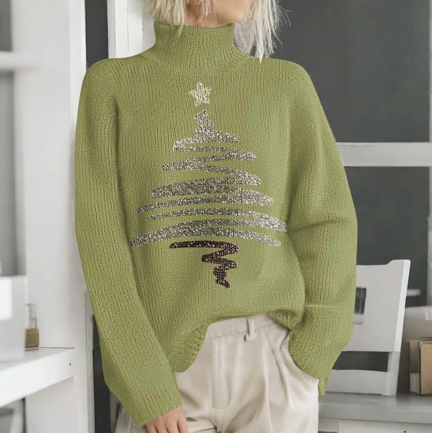 Women Merry Christmas Sweaters Turtleneck Long Sleeve Print Knitted Pullover Y2K Christmas Sweater Hoilday Tops