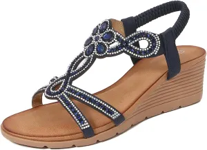 Women Orthopedic Wedge Sandals Summer Jeweled Bling Strappy Elastic Ankle Strap Slip On Sandals Comfort Open Toe Soft Cushion Sandal for Summer Beach Oceanside Holiday Outdoor