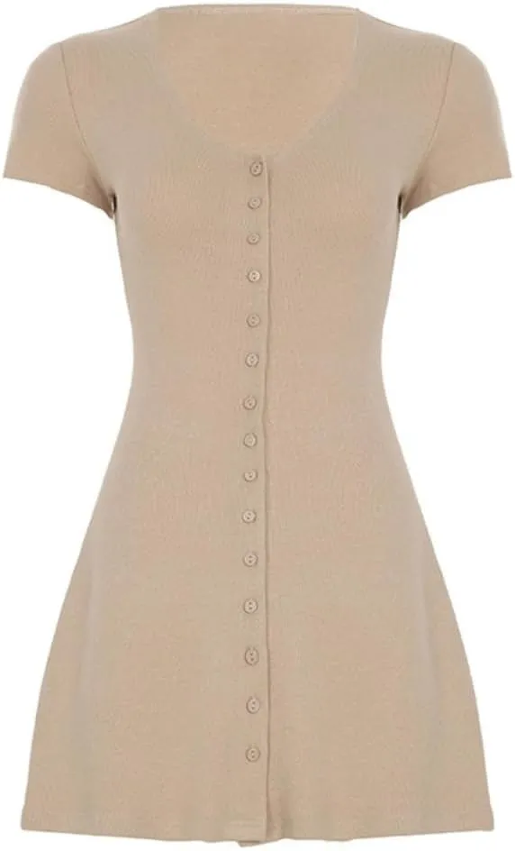 Women Sexy V Neck Button Down Rib Knit Mini Dress Short Sleeve Solid Causal Summer Aesthetic A-Line Short Dress