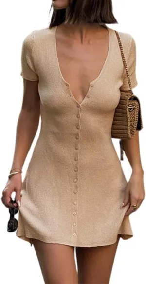 Women Sexy V Neck Button Down Rib Knit Mini Dress Short Sleeve Solid Causal Summer Aesthetic A-Line Short Dress