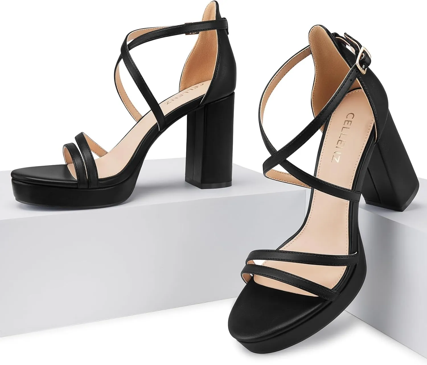 Women Strappy Platform Heels: 3.4 Inch Chunky Heeled Sandals, Comfortable Sexy Block High Heels, for Prom Party Bridal Wedding Black White Silver Nude Dressy Shoes