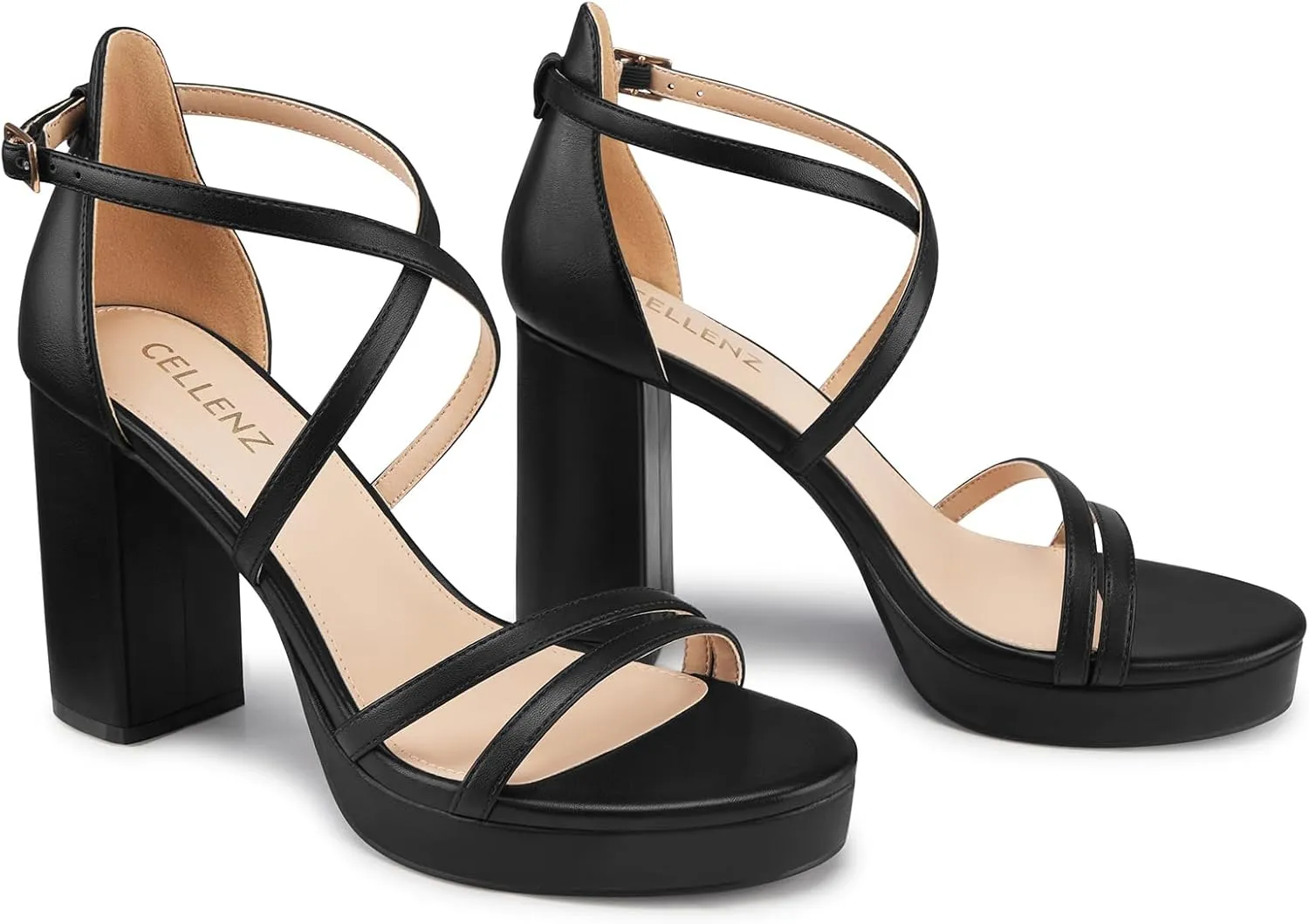 Women Strappy Platform Heels: 3.4 Inch Chunky Heeled Sandals, Comfortable Sexy Block High Heels, for Prom Party Bridal Wedding Black White Silver Nude Dressy Shoes