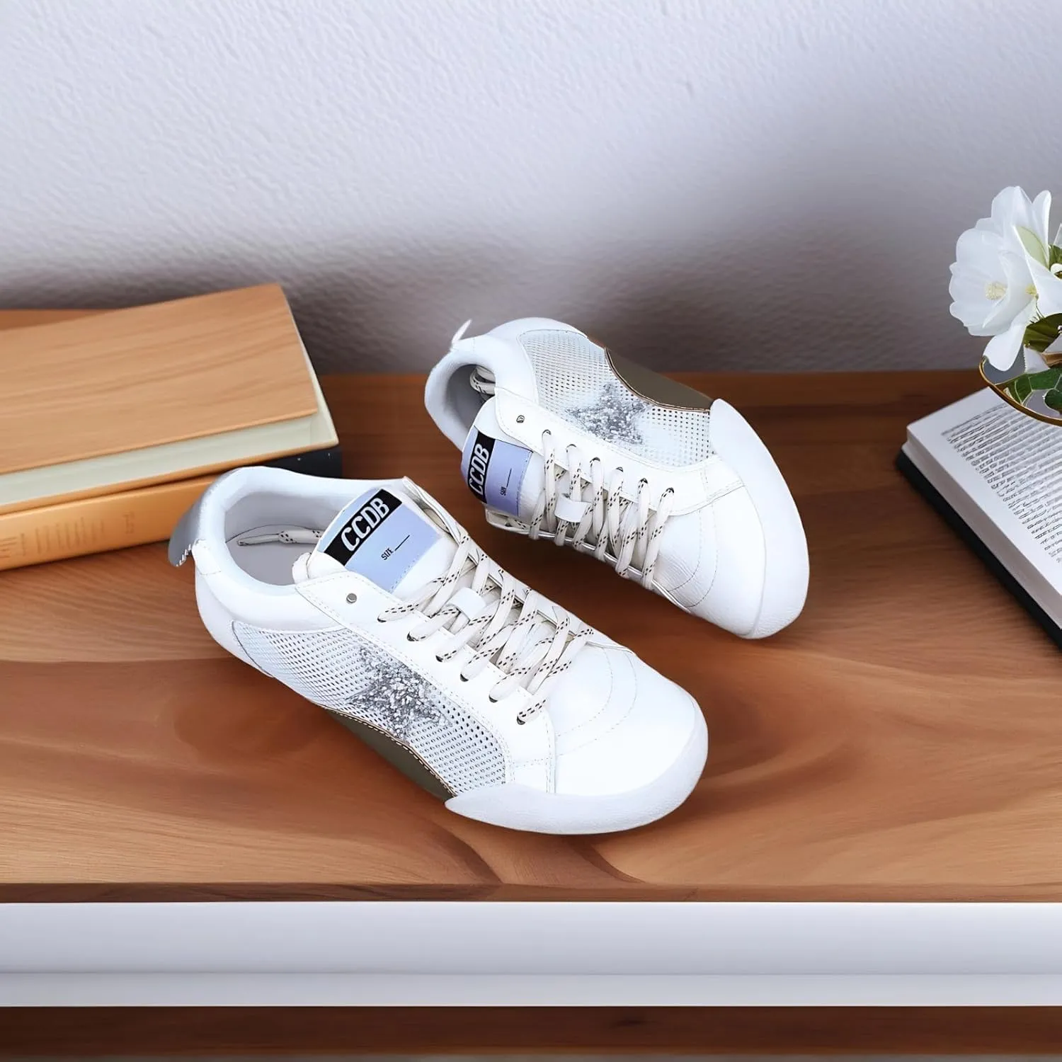 Women Y2K Platform Sneakers, Glitter Star Patchwork Streetwear, Retro Classic Stylish Hidden Height Boost Breathable Teens Shoes