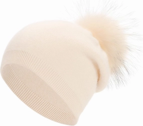 Women Cashmere Winter Slouchy Knit Beanie Hat with Real Fur Pom Pom Winter Beanie Knit Stocking Cap Ski Hat