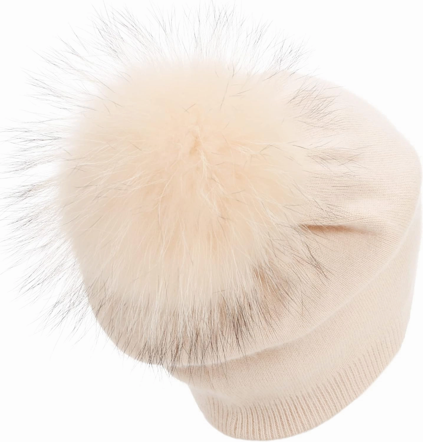 Women Cashmere Winter Slouchy Knit Beanie Hat with Real Fur Pom Pom Winter Beanie Knit Stocking Cap Ski Hat